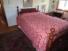 1960 Heavy WOVEN Reversible RED & OFF-WHITE FLORAL Fringed BEDSPREAD--92