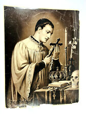Antique vtg Saint Aloyse Aloysius Catholic Litho Print Crown Skull French France picture