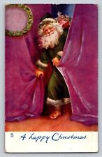 c1907 Raphael Tuck Oilette Green Santa Claus Purple Curtains Toys Christmas P321 picture