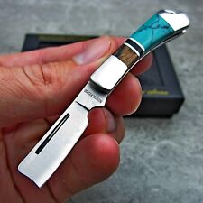 Rough Rider Turquoise and Brown Wood Handles Mini Razor Blade Folding Knife NEW picture