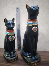 Set Of 2 Goddess Bastet Cat Isis EGYPTIAN ANTIQUE Statue Heavy Solid Stone picture