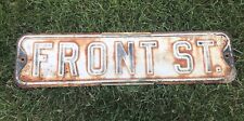 1950's Vintage Stamped Steel Street Sign “FRONT ST.” Black On White 24”x6” picture