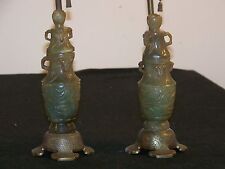 Pair-Chinese Qing Dy Antique c1800's Hetian Jade Hand Carved Lamps/Vases Bronze picture