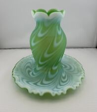 RARE FENTON Satin GREEN & WHITE Swirled Feather One Piece GLASS FAIRY LAMP picture