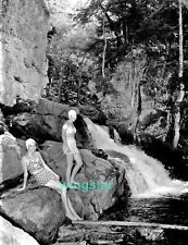 Old Photo Women Bathing Suit Polka Dot Caps Nature Waterfall Vintage NEGATIVE picture