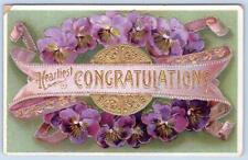 1910's HEARTIEST CONGRATULATIONS PURPLE PANSIES EMBOSSED GOLD EMBELLISH POSTCARD picture