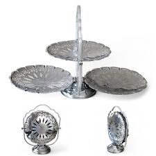 Vintage 3 Tray Tiered Folding Hors d'oeuvres & Deserts Silver Tone Stand picture