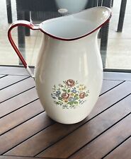 Vintage White Enamelware Floral Farmhouse Pitcher Vase w/ Red Rim Wide Primitive picture