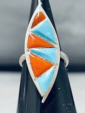 COLORFUL VINTAGE NAVAJO BLUE GEM TURQUOISE CORAL STERLING SILVER RING picture