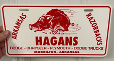 Vintage Hagans Motors License Plate Arkansas Razorbacks Morrilton AR Dodge picture