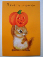 Squirrel with pumpkin UNUSED vintage Halloween greeting card *FF7 picture