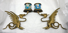 Antique French A Pair of Longwy Brass Griffin Candlesticks picture