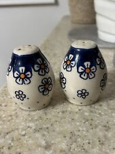 Vintage Polish Pottery Salt and Pepper Shakers White Blue Flowers Poland picture