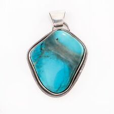 LARGE SOUTHWESTERN STERLING BLUE SMOKY BISBEE TURQUOISE ROPE BORDER PENDANT picture