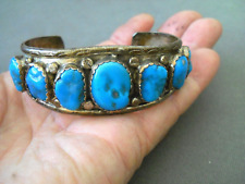 Native American Navajo Rich Blue Turquoise Row Sterling Silver Bracelet Signed picture
