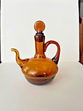Vtg MCM 1960s Amber Blown Glass Handled Genie Pitcher W/ Handle & Pinch Stopper picture