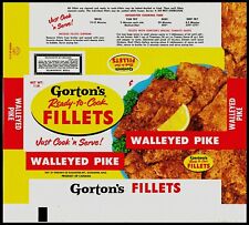 Vintage wrapper GORTONS FILLETS Walleyed Pike fish pictured Gloucester MA n-mint picture