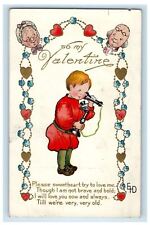 1912 Valentine Boy Talking Telephone Old Man Woman Hearts And Flowers Postcard picture