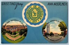 Ann Arbor Michigan MI Postcard Greetings University School Logo Multiview c1940 picture