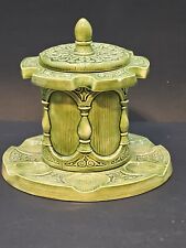 Vintage Mid-century Green  Ceramic Pipe Stand With Canister For Tobacco 7.25