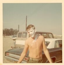Found Photo Shirtless Man With Cake Pie on his Face Old 1970s Cars RV Vintage picture