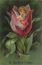 c1910 Embossed Fantasy Greetings Postcard 164 Baby Cupid w/Heart in Tulip Flower picture