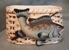 Vintage Napco Creel and Blue Fish Fishing Pole Ceramic Basket Planter 2413 picture