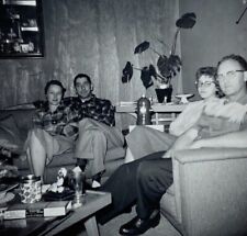 Two Couples Sitting On Sofa In Living Room B&W Photograph 3.5 x 3.5 picture