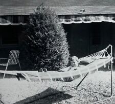 Little Boy Laying In Hammock In Yard B&W Photograph 3.5 x 3.5 picture