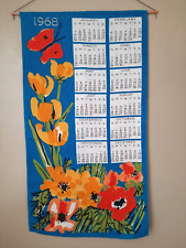 1968 Vintage Linen Wall Hanging Calendar Blue Poppy Poppies Butterfly Red Orange picture