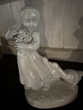 Vintage Porcelain Girl with 2 Geese blue & white figurine by Holland-Mold-9” picture