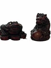 Vintage Chinese Dragon with ball and Frog with coin in mouth Red Resin figurines picture