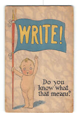 Comic Humor Creased Postcard 1915 Baby Holding Flag to Write picture