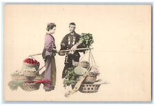 c1905 Japan Vegetable Market Seller Woman Buying Unposted Antique Postcard picture