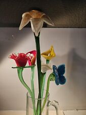 Vintage Murano Style Hand Blown Art Glass Long Stem Flower Bouquet Six Flowers picture