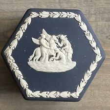 Wedgwood Jasperware Portland Blue 4” Hexagon Porcelain Trinket Box Collectible picture