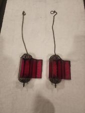 Moroccan Hanging Candle Holder Dark Pink  Glass Light Shadows X2  picture