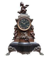 ANTIQUE 1880 FRENCH CLOCK FIGURAL ANGELS LION MASK FOOTED BASE & BELGUIIM MARBLE picture