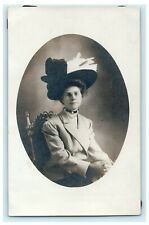 Studious Victorian Woman Spectacular Hat Wicker Chair Postcard Vintage Antique picture
