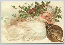 Postcard Merry Christmas Santa Blowing Horn Holly and Berries Modern picture