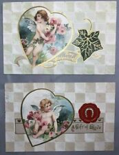 Pair 1910 CUPID Roses Embossed VALENTINE Postcard GERMANY Antique WINSCH BACK picture