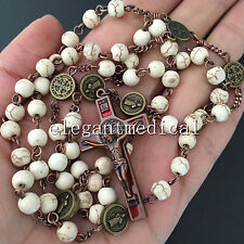 White Turquoise beads style Vintage Catholic St. Benedict Rosary Cross Necklace picture
