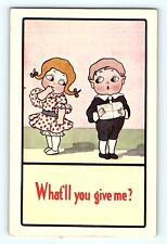 Valentines Day Cute Boy & Girl What'll You Give Me? Polka Dot Dress Postcard E4 picture