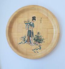 Hand Painted Vintage Asian Bamboo Tray Geisha Design Woven Round 13