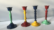 Vintage Set of 4 Indian Brass Painted Candlesticks 4.25” Red Yellow Blue Green picture