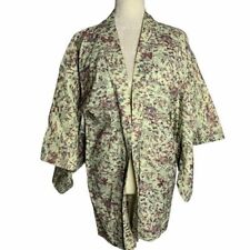 Vintage Floral Kimono Short Robe Jacket M Light Green Floral Lined Tie Waist picture