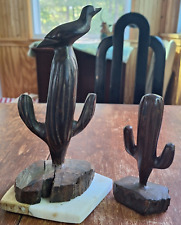 2 Pc. Vintage Hand-Carved Iron Wood Cactus With Hawk and Smaller Cactus picture