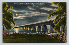 1940 Linen Postcard Pigeon Key FL Florida Moonlight Over Overseas Highway Bridge picture