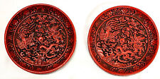 PAIR - Chinese Qing Style Cinnabar Carved Vintage Plates with Dragon and Phoenix picture