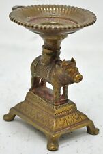 Antique Brass Cow Shaped Puja Diya Oil Lamp Stand Orginal Old Fine Engraved picture